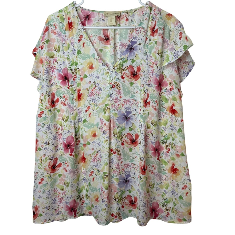 Cynthia Rowley Blouse Womens 2X Multicolor Floral Flutter Sleeve V-Neck Pleated